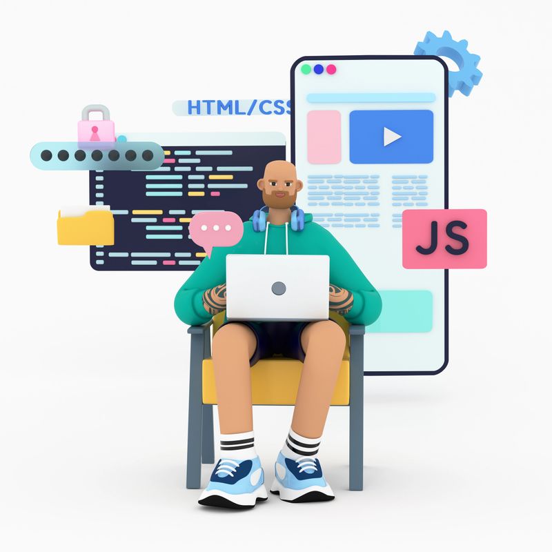 Programmer or coder working on computer. Beard handsome man programming on HTML, python, JavaScript on laptop. Front end, CMS, app  development concepts. 3d rendering illustration.
