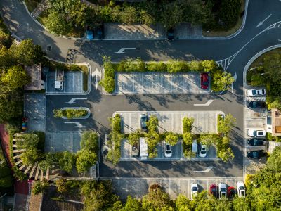 Commercial parking lot full of trees.