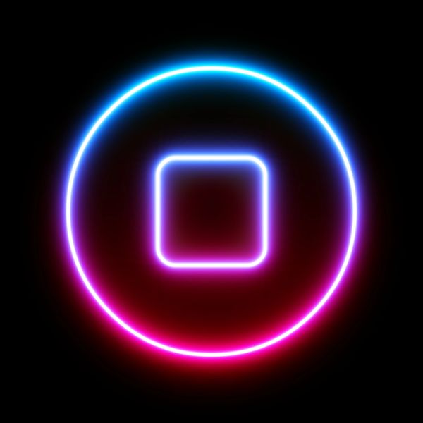 Glowing neon circle and square with pink and blue hues on black background.