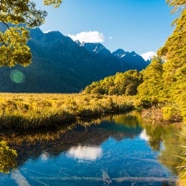 Clear river flowing through a sunlit valley with mountains in the background.