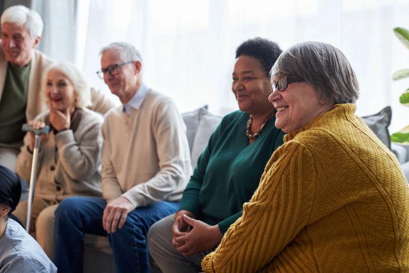 Side view at group of smiling senior people watching TV while sitting in row in retirement home facility