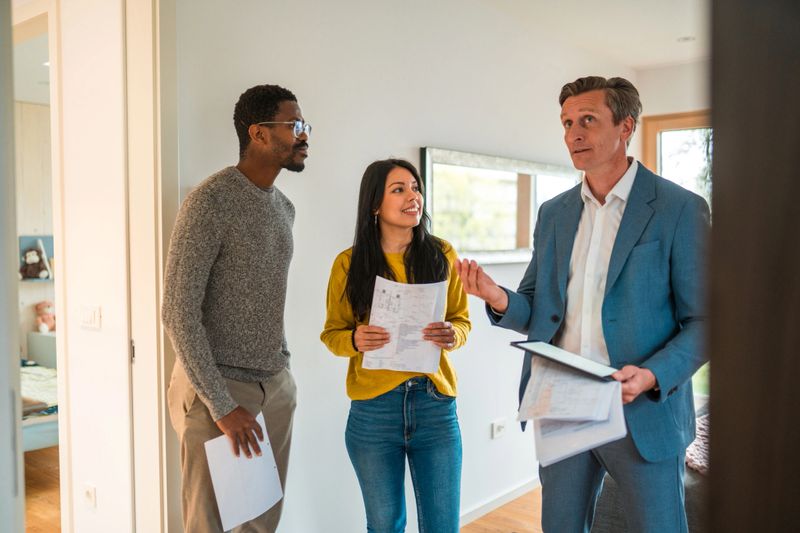 Three-quarter length front view of a young multi-ethnic married couple and mature caucasian salesman walking indoors in a house for sale.