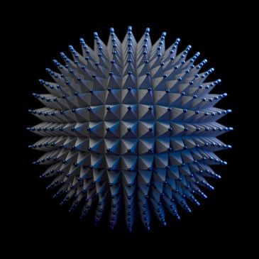 A 3D spiked spherical object with blue highlights on a black background.