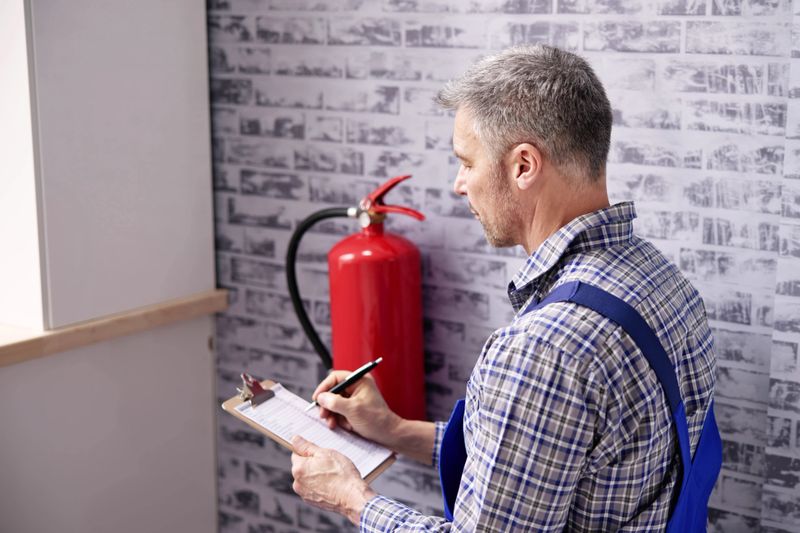 Fire Extinguisher Safety Prevention Check. Emergency Equipment Inspection