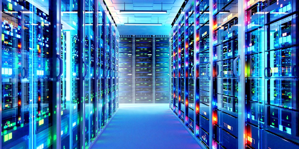 A brightly lit server room with rows of high-tech servers.