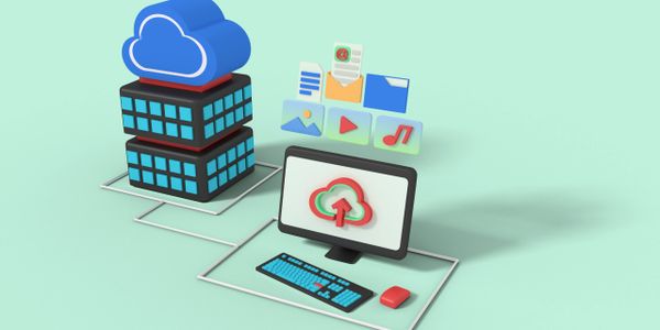 3D illustration of cloud computing with data upload and multimedia icons.