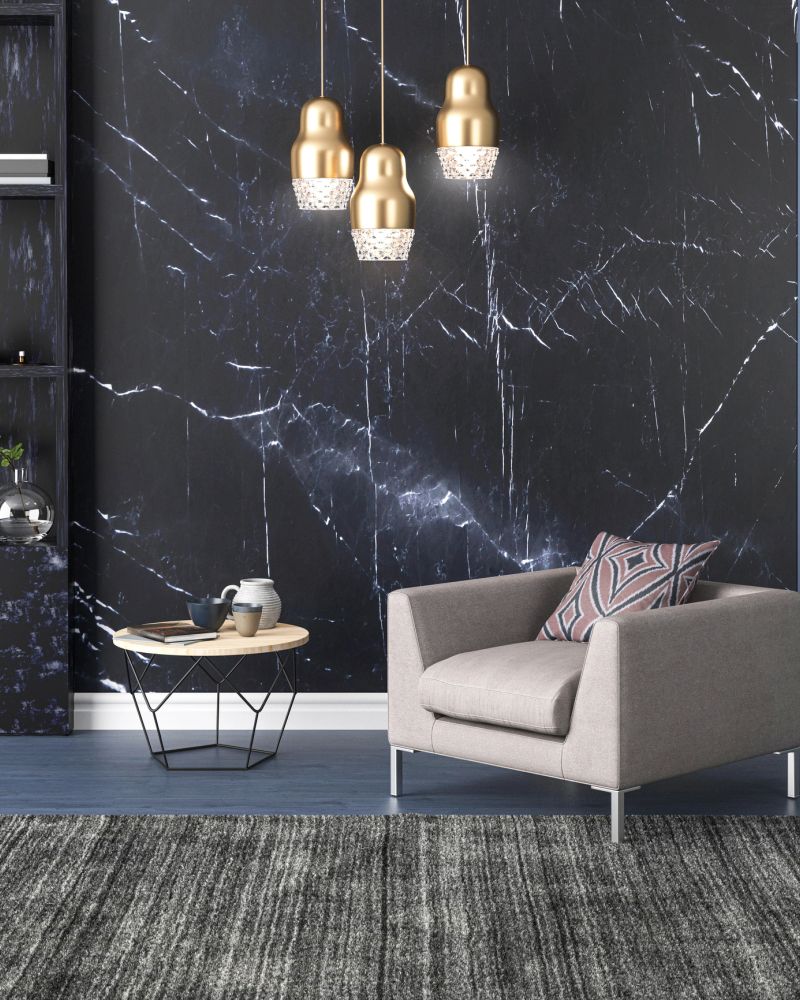 A textured wallcovering used as a feature wall in a modern interior