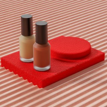 Two bottles of nail polish on a textured red platform against a striped background.