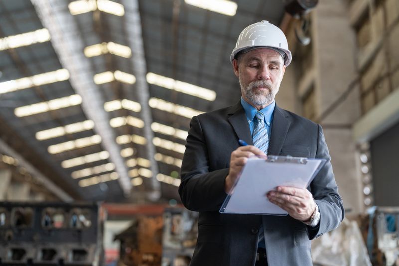 Senior businessman owner wearing helmet safety standing and writing on clipboard in heavy metal factory industry. Confident entrepreneur in suit checking lists on document at factory warehouse.