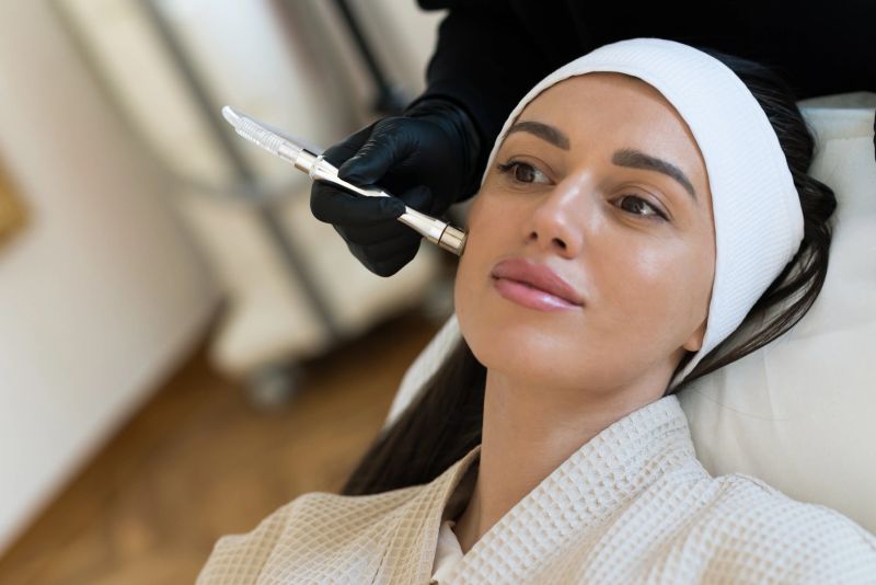 Professional cosmetologist doing Hydradermabrasian procedure in Cosmetology clinic on beautiful young woman in a beauty treatment salon