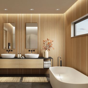 Modern bathroom with wooden walls, dual sinks, and a freestanding bathtub.