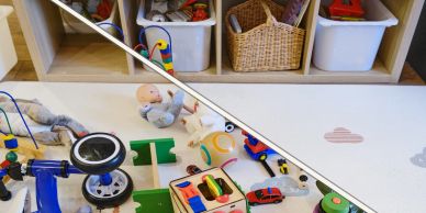 Children's play area with various toys and storage bins.