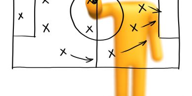 Person explaining a sports strategy with a tactic board.