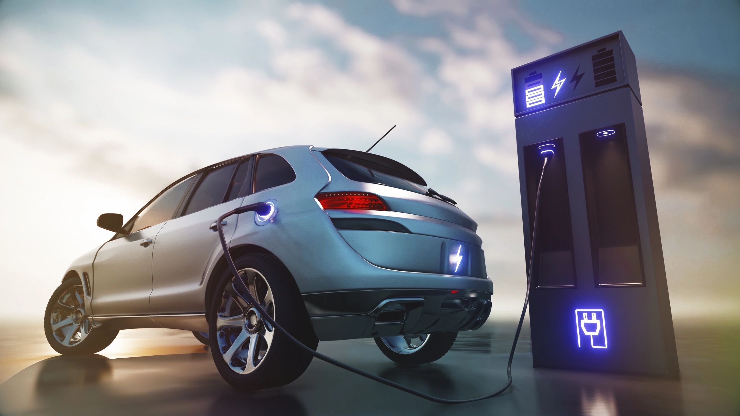 Electric car charging at a station.