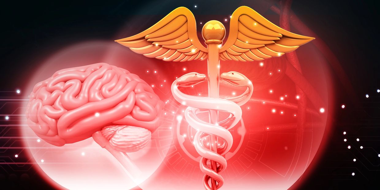 Glowing medical caduceus and brain illustration symbolizing neuroscience.