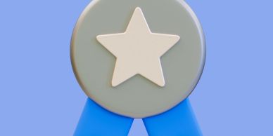 3D rendered blue ribbon with a white star on gray center.