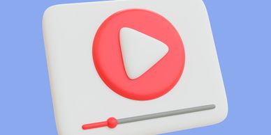 3D play button icon with progress bar on blue background.