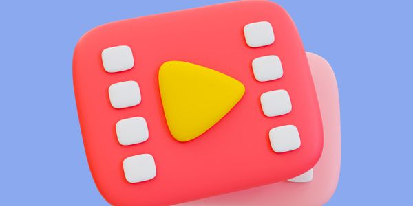 3D icon of a red video play button with white filmstrip squares on blue background.