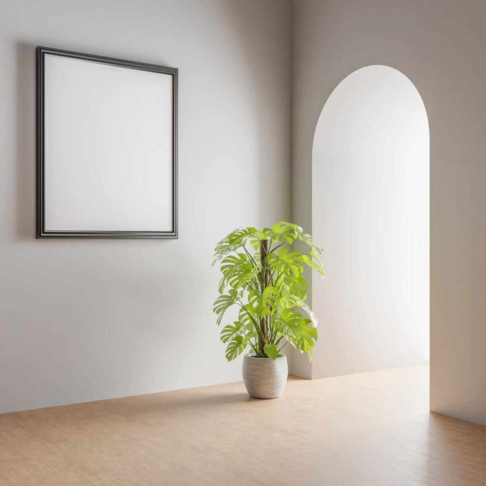 Minimalist room with a potted plant and an empty picture frame by an arched doorway.