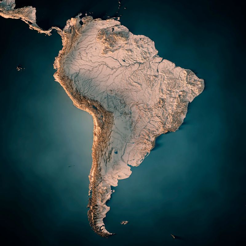 3D Render of a Topographic Map of South America.  
All source data is in the public domain.
Color texture: Made with Natural Earth.
http://www.naturalearthdata.com/downloads/10m-raster-data/10m-cross-blend-hypso/
Relief texture: GMTED 2010 data courtesy of USGS. URL of source image:
https://topotools.cr.usgs.gov/gmted_viewer/viewer.htm
Water texture: SRTM Water Body SWDB: https://dds.cr.usgs.gov/srtm/version2_1/SWBD/