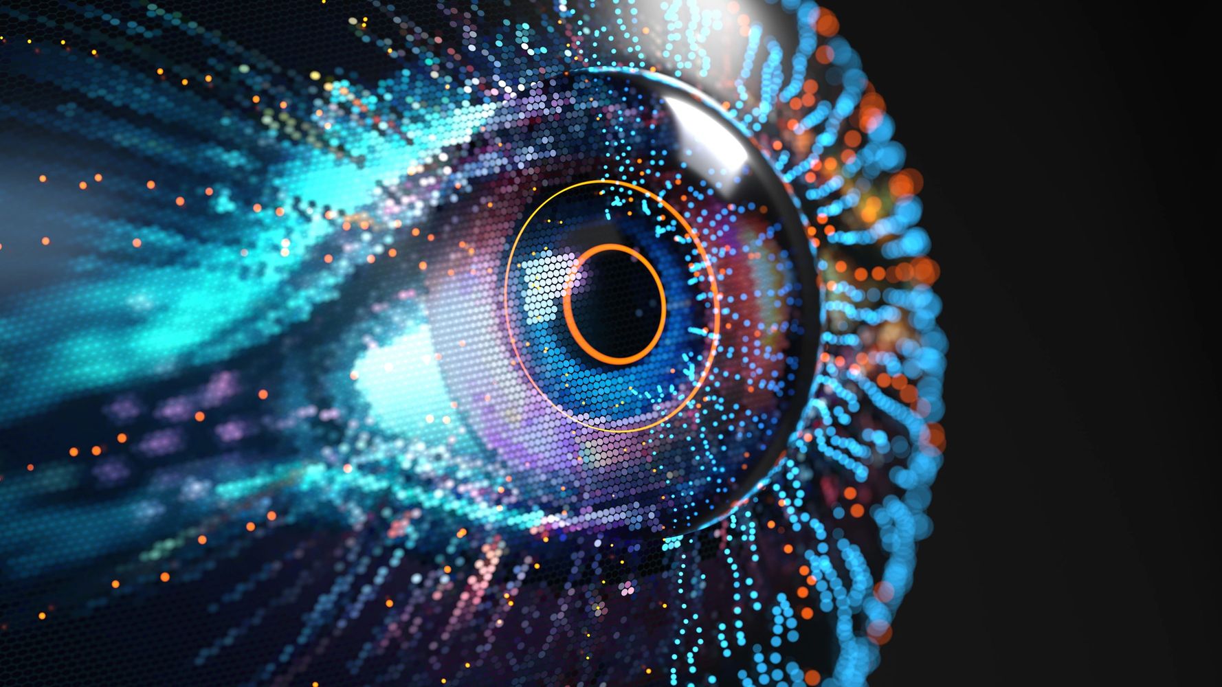 Digital eye composed of glowing hexagonal dots and vibrant neon colors.