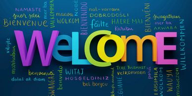 Welcome word in the middle and the same word translated in various languages around it