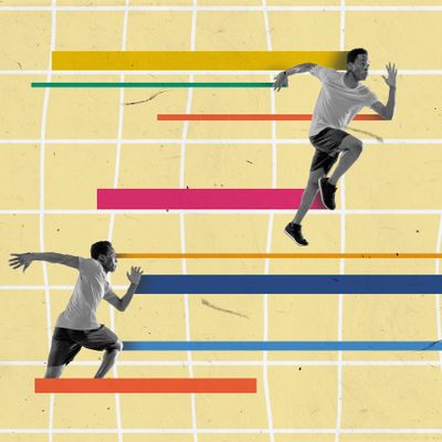 Two men sprinting on a colorful track with progress bars.