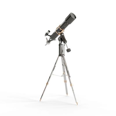A black telescope on a tripod against a white background.