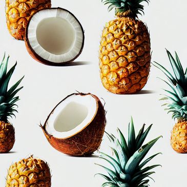 A pattern of pineapples and halved coconuts on a white background.