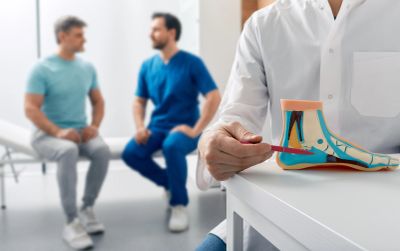Doctor explaining foot anatomy to patients.