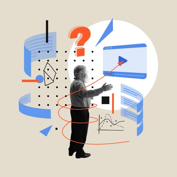 Elderly man surrounded by digital and mathematical symbols.