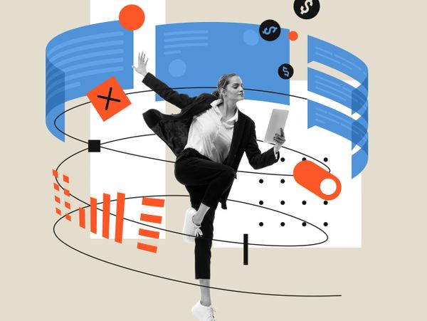 Businesswoman balancing while interacting with floating digital graphs and icons.