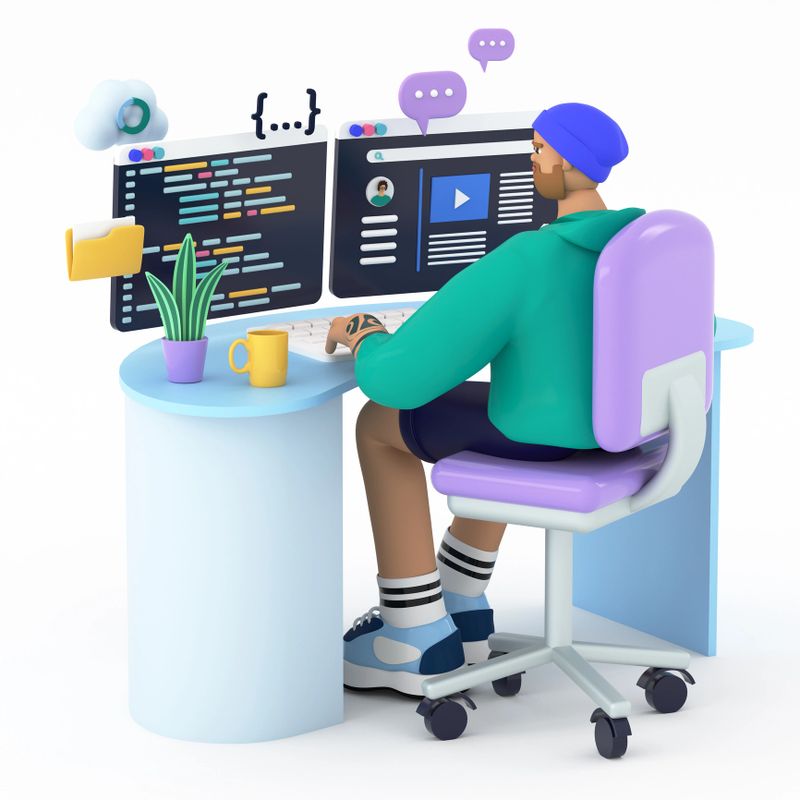 Programmer or developer sitting at the desk and coding or programming. 3d rendering illustration. IT engineer communicate with team, researching and working on two computer monitors