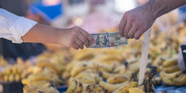 Two people exchanging $100 bill at a banana stall.