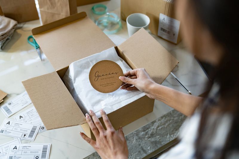 Close-up on a businesswoman packing orders for her e-commerce business including a thank you note in the box