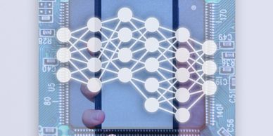 A digital neural network overlay on a circuit board chip.