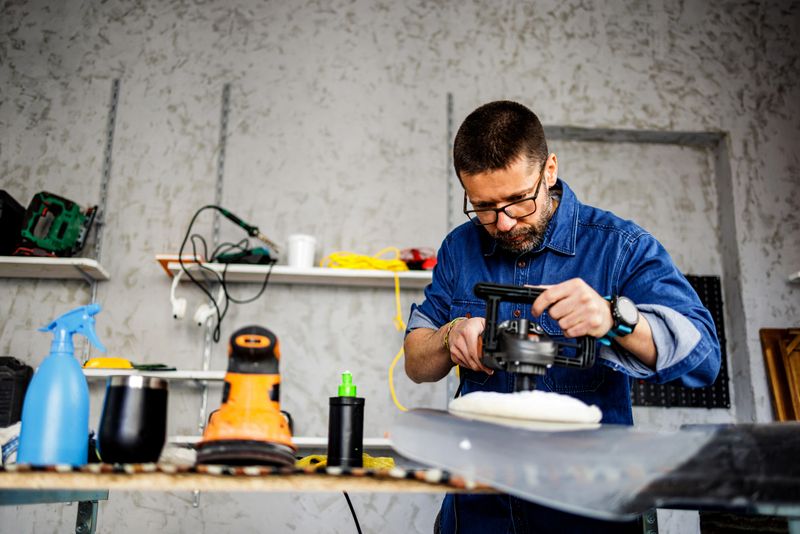 Man polishing motorcycle windshield