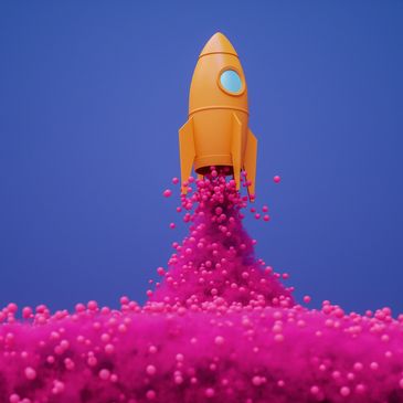 A yellow rocket launches with a trail of pink spheres against a blue sky.