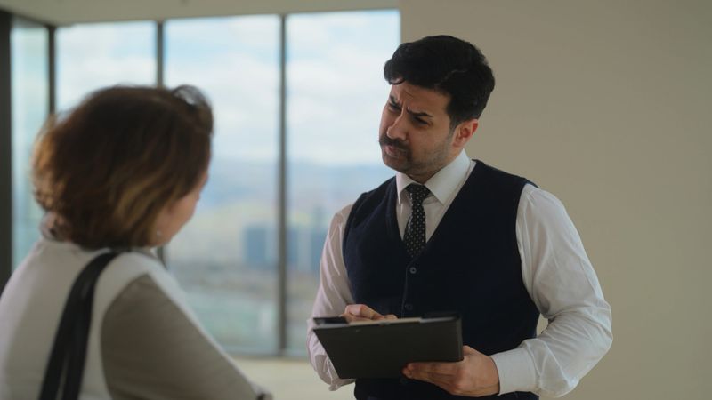A male real estate agent is showing a luxury apartment to his female customer.