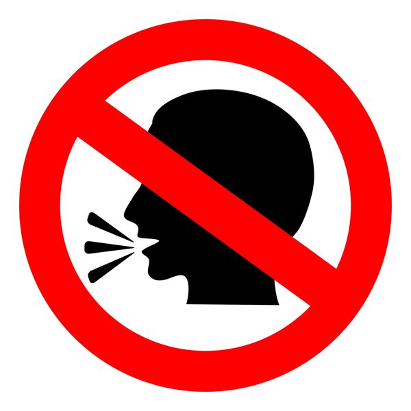 No talking sign with a red prohibition circle and a black silhouette of a person speaking.