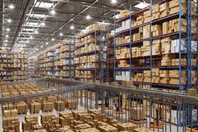 Large warehouse filled with stacked boxes on shelves.