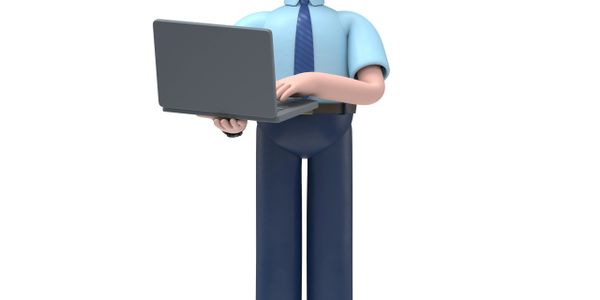 3D cartoon businessman holding a laptop, smiling confidently.