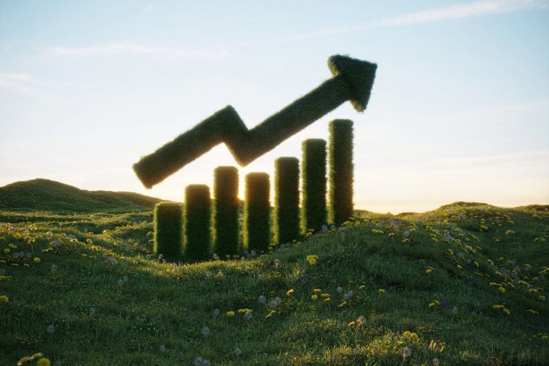 Growing grass chart on the grassy field. (3d render)