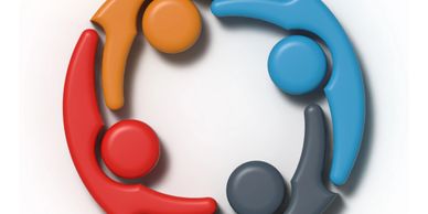 Colorful abstract figures forming a circle, symbolizing unity and collaboration.