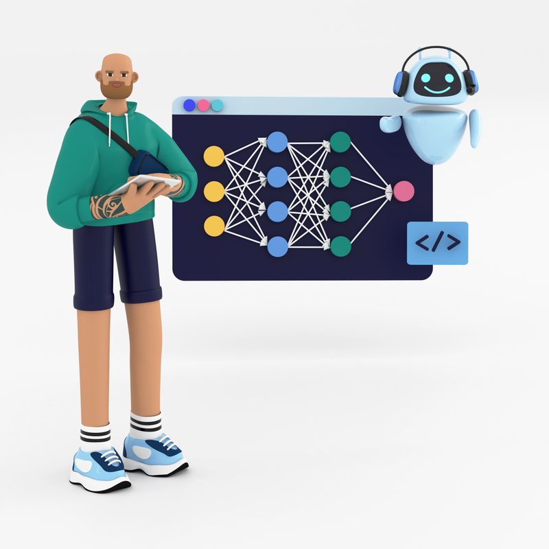 Scientist and robot creating artificial intelligence, programming machine, learning neural network. Deep Learning, People and machine working together concept.  3d render.