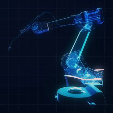 X-ray style image of a robotic arm against a grid background.