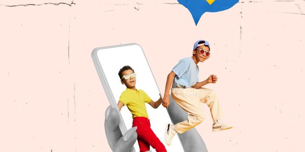 Two kids stepping out of a phone screen, symbolizing digital fun and connection.