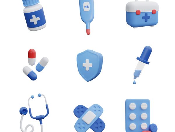 Set of blue and white medical icons including pills, thermometer, and stethoscope.