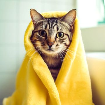 tabby cat wrapped in a yellow blanket