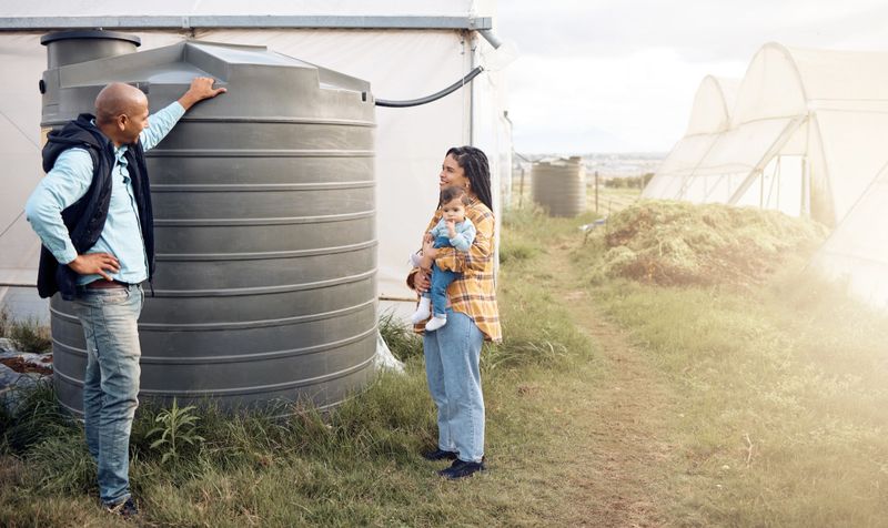 Water, tank and sustainable or sustainability advice by farmer to a mother for the environment on a farm. Saving, agriculture and eco friendly people talking about organic farming in the countryside